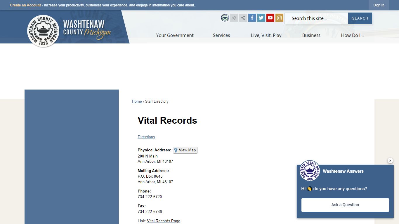 Vital Records - Washtenaw County, MI